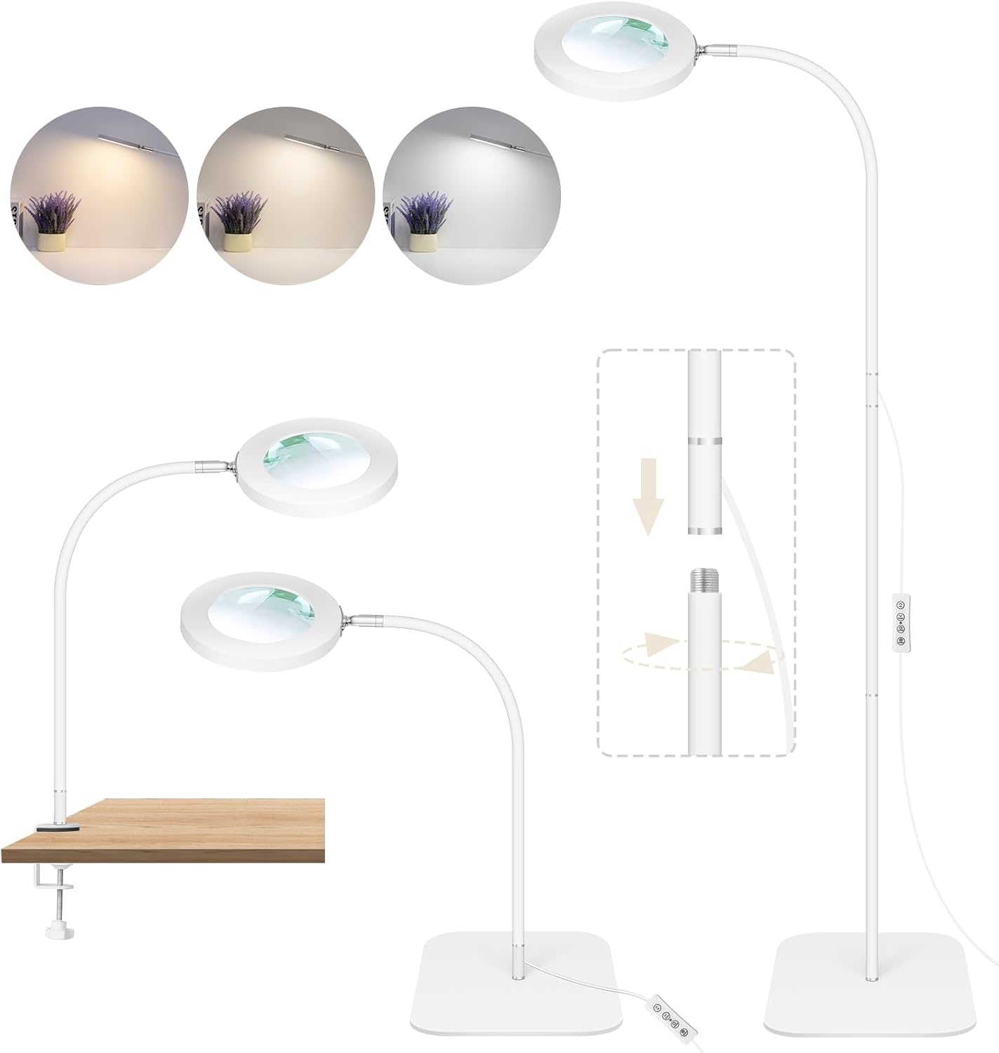 10X Magnifying Glass with Light and Stand, 3 in1 Flexible Gooseneck Magnifying Floor Lamp, 3 Color Modes Stepless Dimmable Hands Free Lighted Magnifier for Hobby Craft Esthetician Close Work