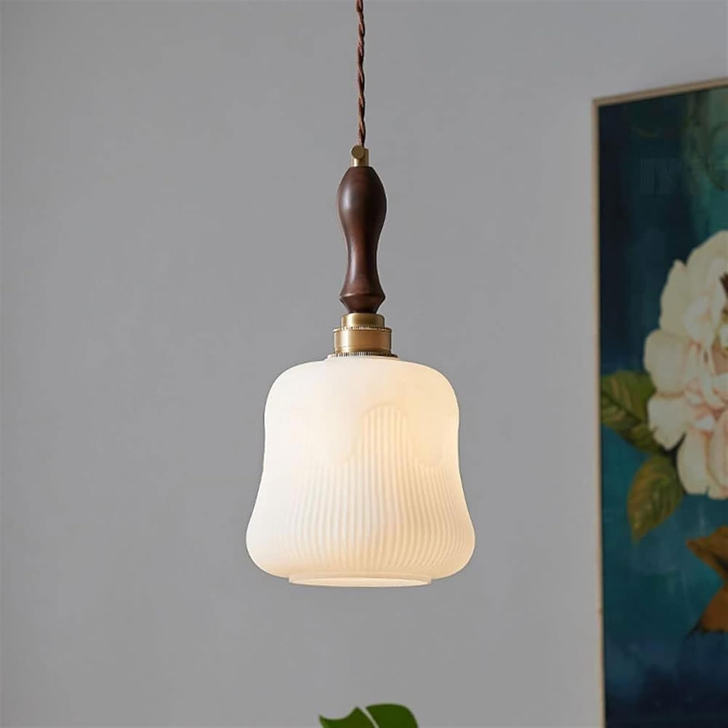 Minimalist Styling Cream Glass Shade Hanging Light Fixtures,.European Style Brass Rustproof BodyPendant Lamp.Adjustable Rope Indoor Chandelier.for Living Room, BedroomCeiling Hanging Light
