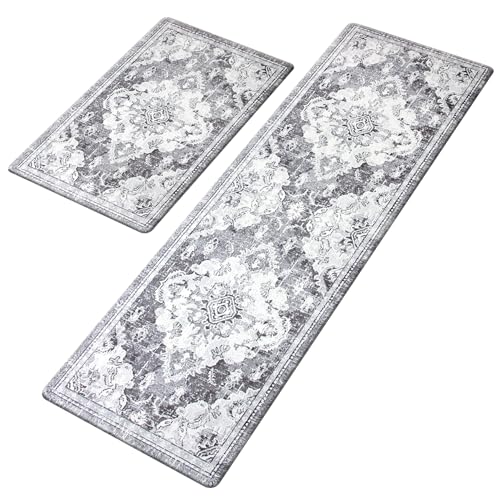 Kitchen Mats for Floor Anti Fatigue 2 Piece Set Cushioned Kitchen Rugs Blue Gray Waterproof Non-Skid Comfort Standing Mat Anti Fatigue for Work Desk Office(17x29+17x59Inch)