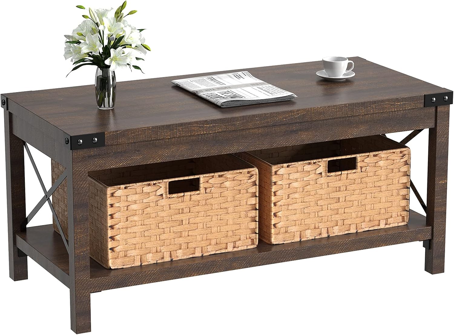 LGHM Coffee Table with Storage, Wooden Coffee Table for Living Room, Center Table with 2 Foldable Baskets, Farmhouse Cocktail Table, Brown
