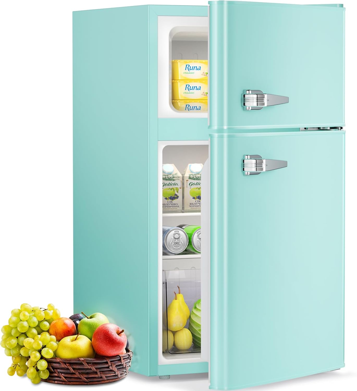 Antarctic Star Compact Mini Refrigerator Separate Freezer, Small Fridge Double 2-Door 3.2 cu ft. Green