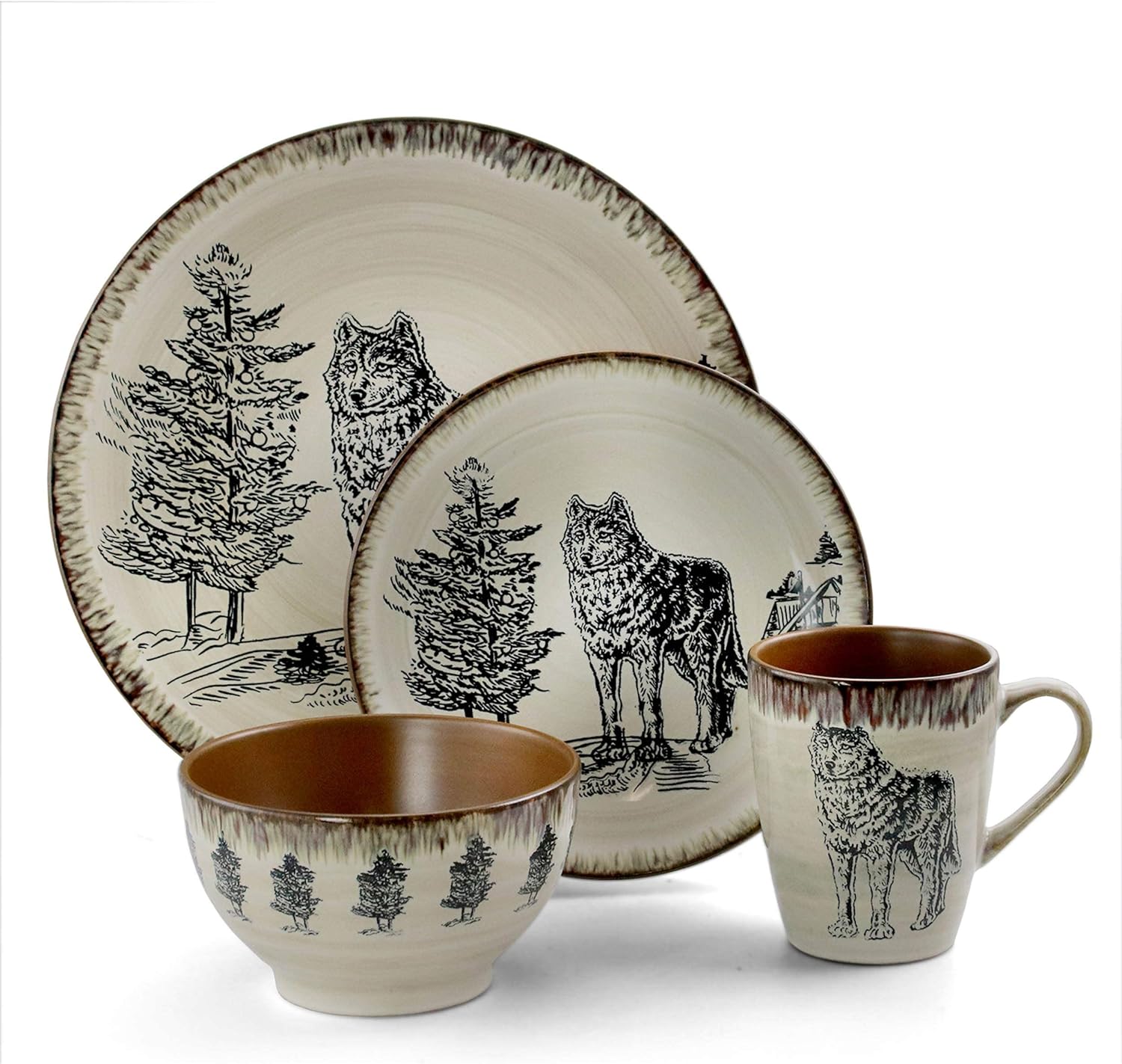 Round Stoneware Cabin Dinnerware Dish Set, 16 Piece, Design With Warm Taupe And Brown Accents