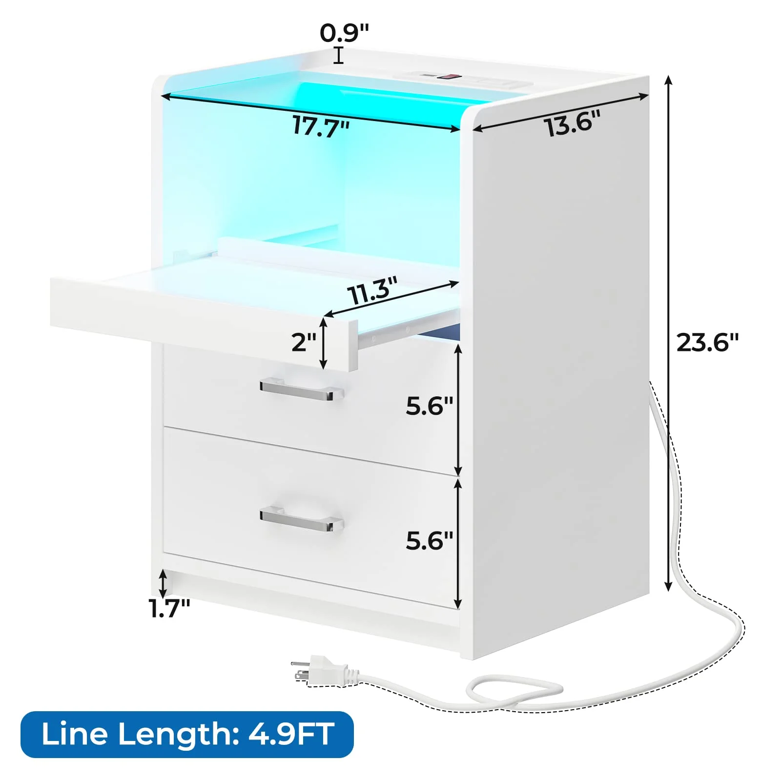 LED Nightstand with Charging Station&2 Drawers, Modern Bedside Table End Table with Pull-Out Shelf&LED Lights for Bedroom Living Room, White