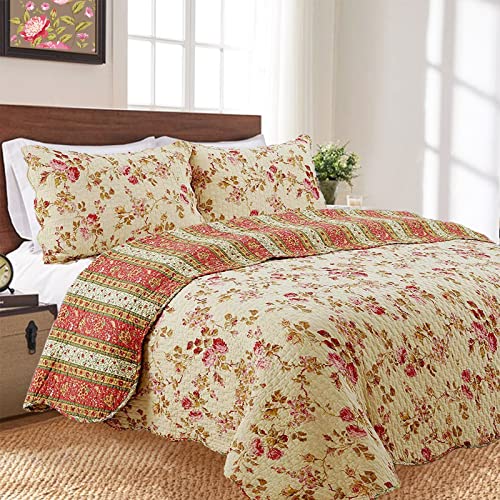 Cozy Line Home Fashions Vintage Floral Rose Chintz 3-Piece Khaki Pink Green Scalloped Cotton Reversable Queen Quilt Bedding Set