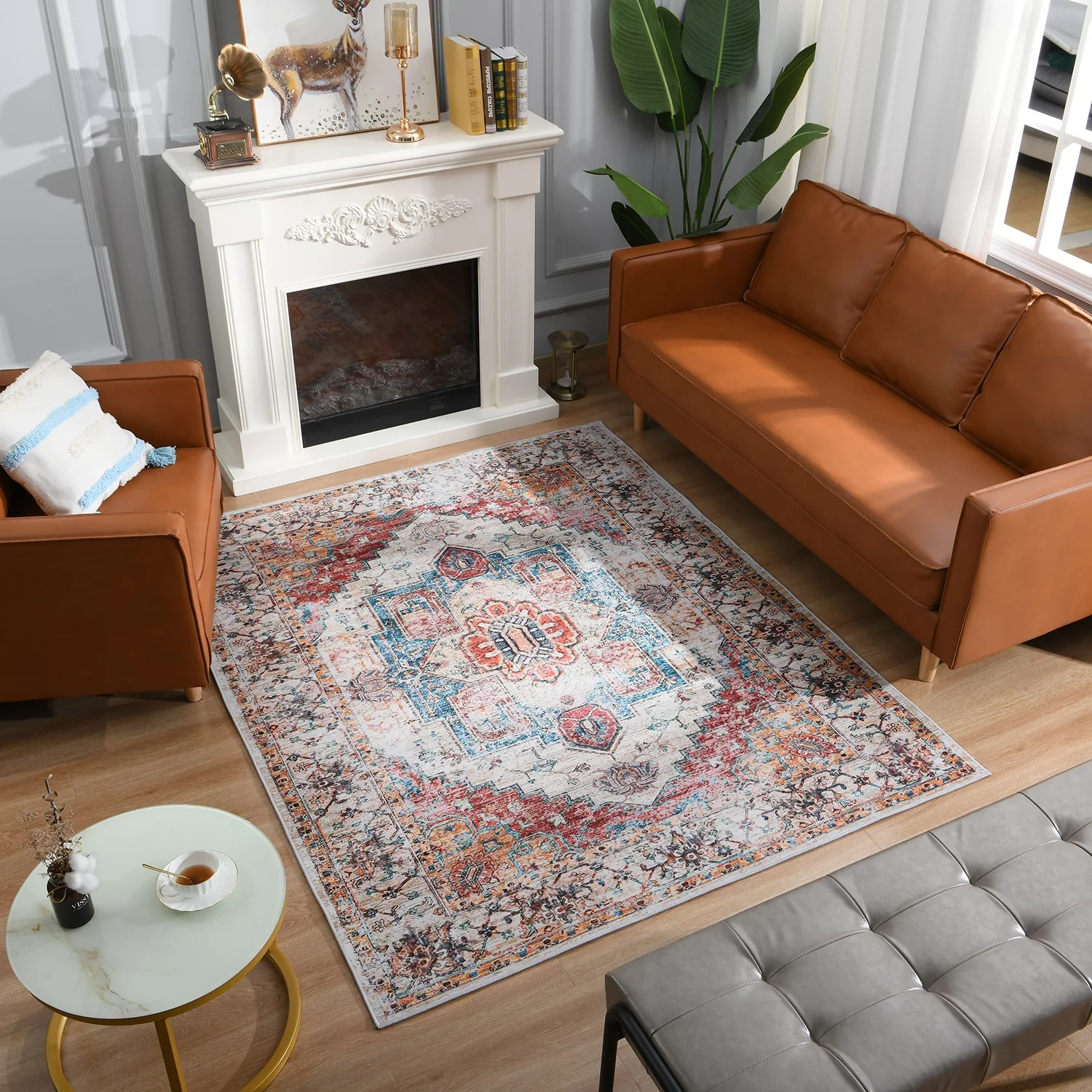 Lochas Vintage Bohemian Area Rug for Living Room, Retro Boho Rug Bedroom Indoor Print Carpet, 5' x 8', Orange