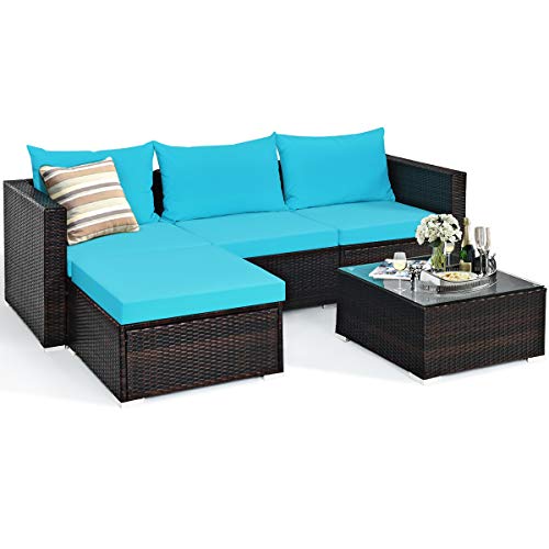 Tangkula 5 Piece Outdoor Patio Furniture Set, Sturdy Frame and Weight Capacity Up to 360 Pound, Wicker Sectional Sofa Set with Glass Top Coffee Table, Porch Garden Poolside Furniture for 4 (Turquoise)