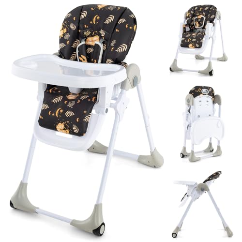 HONEY JOY Baby High Chair, Foldable Highchair for Babies and Toddlers, Adjustable Heights, Recline Backrest & Footrest, Detachable Tray & PU Seat, Portable Highchairs with Wheels (Light Gray)