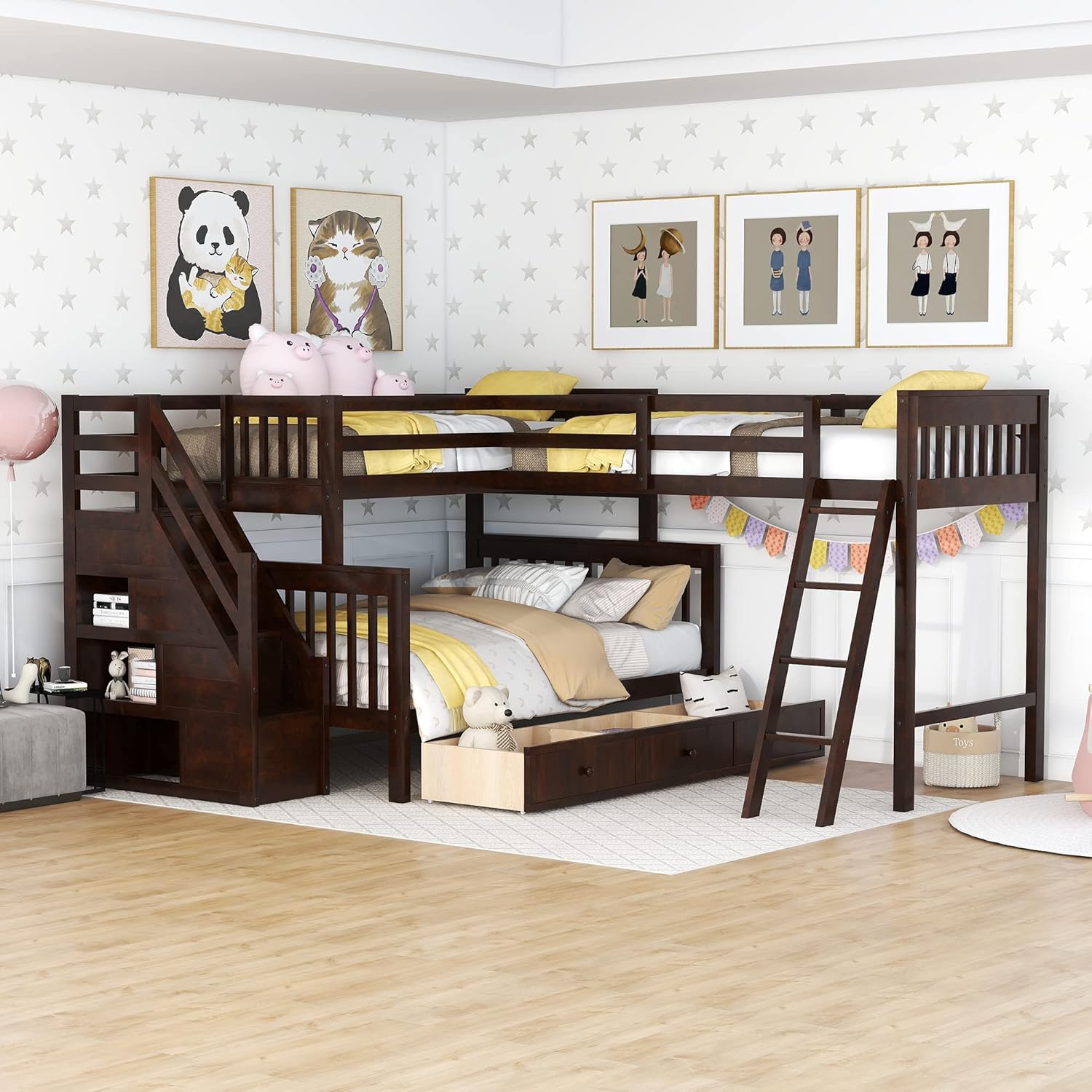 Bellemave L-Shape Triple Bunk Beds with Stairs and Storage Drawers Twin Over Full Bunk Bed Attached a Loft Bed with Drawers Wood Corner Bunked for 3 Kids Boys Girls Teens, Espresso