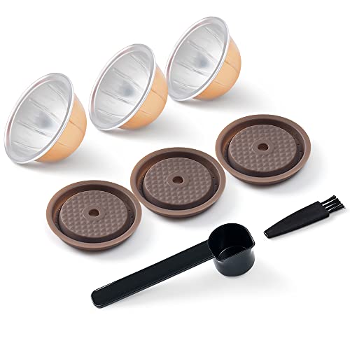 Reusable VERTUO Capsule Caps 2 Pcs + EMPTY Refillable VERTUOLINE Pods-80+150+230ml Each 3 Pcs For Vertuoline Coffee Machine, BENFUCHEN Silicone Capsule Discs For Refillable Nespresso Vertuo Pods