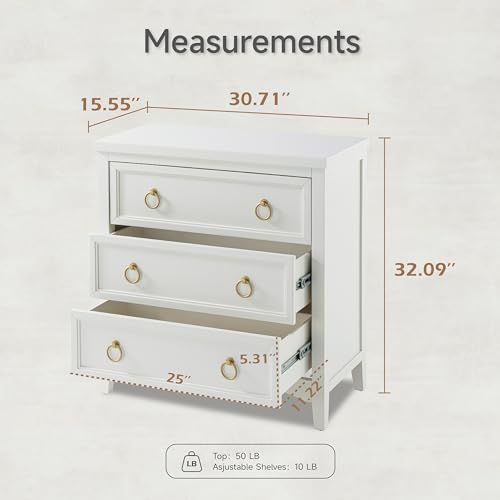 Farmhouse 3-Drawer Dresser, Fully-Assembled French Country Chest of Drawers with Embossed Geometric Lines, Rustic Dresser for Bedroom, Living Room, White