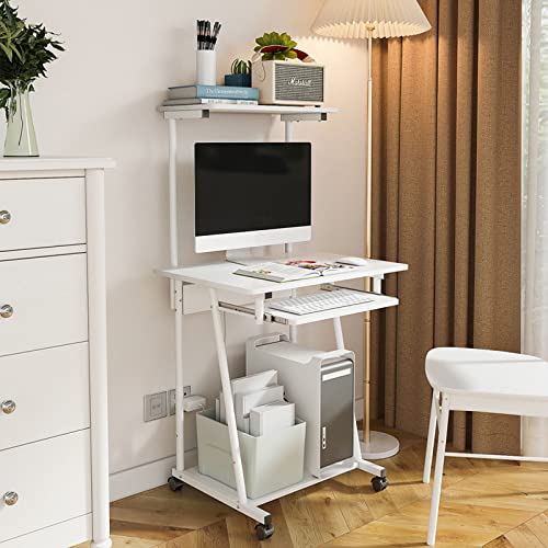 Small Computer Desk with Storage Shelves, Portable Rolling Computer Desk Study Table, Compact PC Laptop Workstation for Home Office