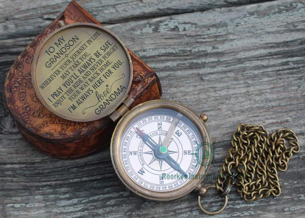 RII Pocket Brass Compass, Nautical Navy Compass for Camping, Travelling, Hiking, Boating, Gift Compass for Wedding, Birthday, Anniversary, Graduation, to Grandson with Imprinted Leather Case…