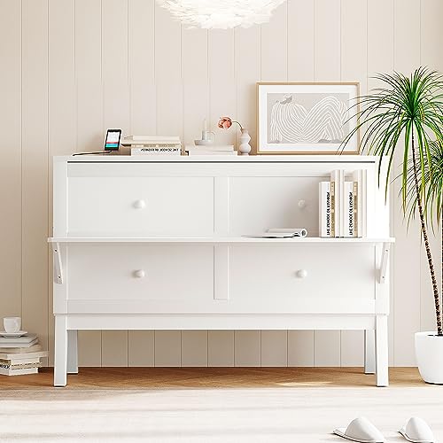 Queen Murphy Bed, Modern Wall Bed with Desk, Built-in Dual Power/USB Ports, Wood Murphy Bed Cabinet Bed Removable Shelves, Murphy Bed Chest Murphy Bed Frame for Guest Bedroom, Pulley Design, Grey