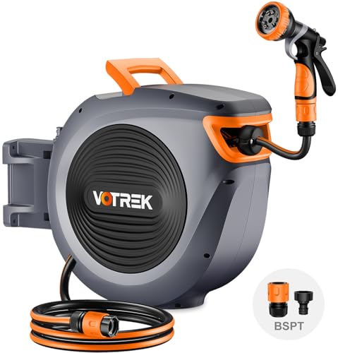Retractable Garden Hose Reel Outside [1/2 inch ×100 FT], VOTREK Automatic Rewind Wall Mounted Hose Reel [Heavy Duty] with Any Length Lock, 180° Swivel Bracket, 9-Mode Nozzle for Watering Cleaning