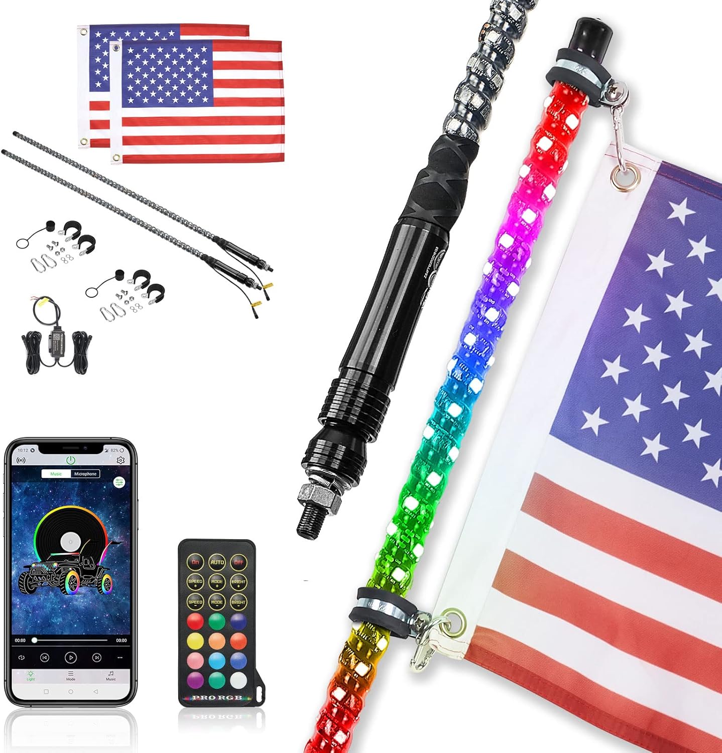 Kemimoto LED Whip Lights for UTV ATV with Bluetooth and USA Flag Pole,366+ Lighting Modes Spiral RGB Chasing Lighted Whips Antenna Compatible with Can-Am RZR Polaris UTV ATV Accessories,2pcs 3ft