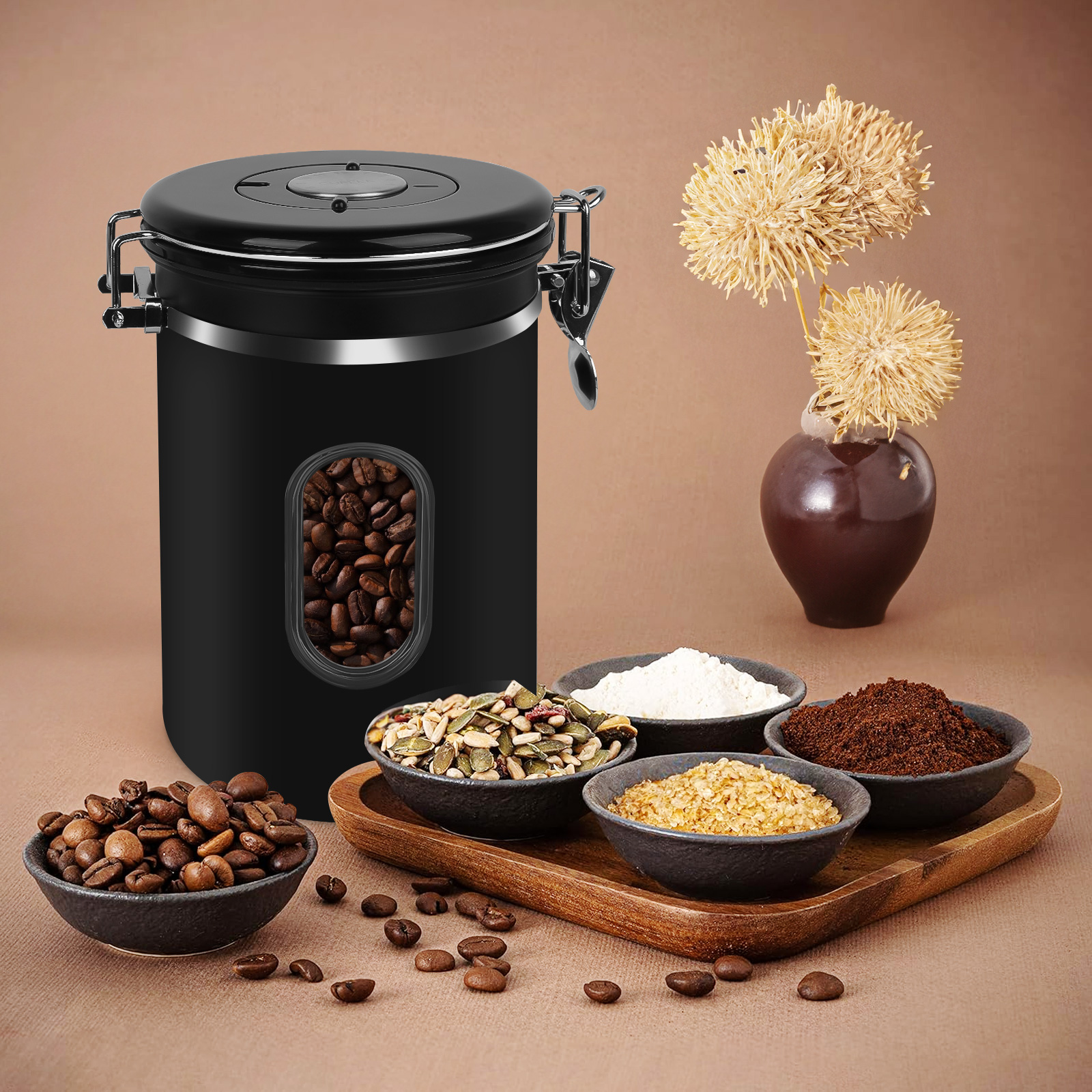 LAYADO 60oz 1800ML Airtight Coffee Canister, 304 Stainless Steel Coffee Storage Container Bottle, with Date Tracker Transparent Window, Frosted, for Ground Coffee, Black