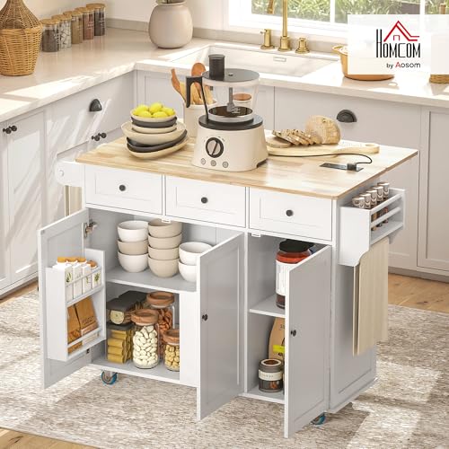 HOMCOM Rolling Kitchen Island with Power Outlet and Drop Leaf, 53