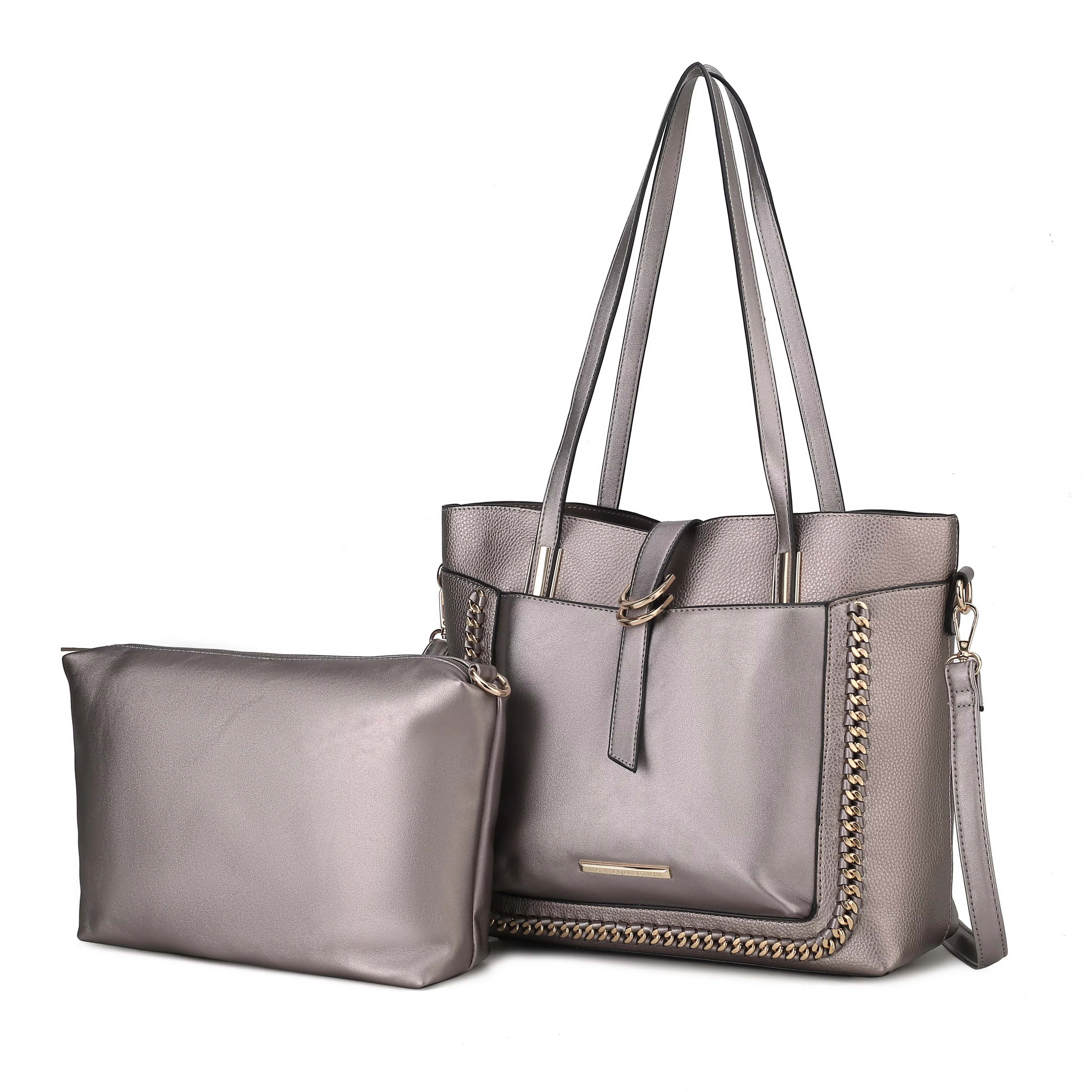 MKF Collection Raya Vegan Leather Women's Shoulder Bag + Crossbody Pouch 2 pcs, Fashion Tote Purse Handbag by Mia K - Pewter