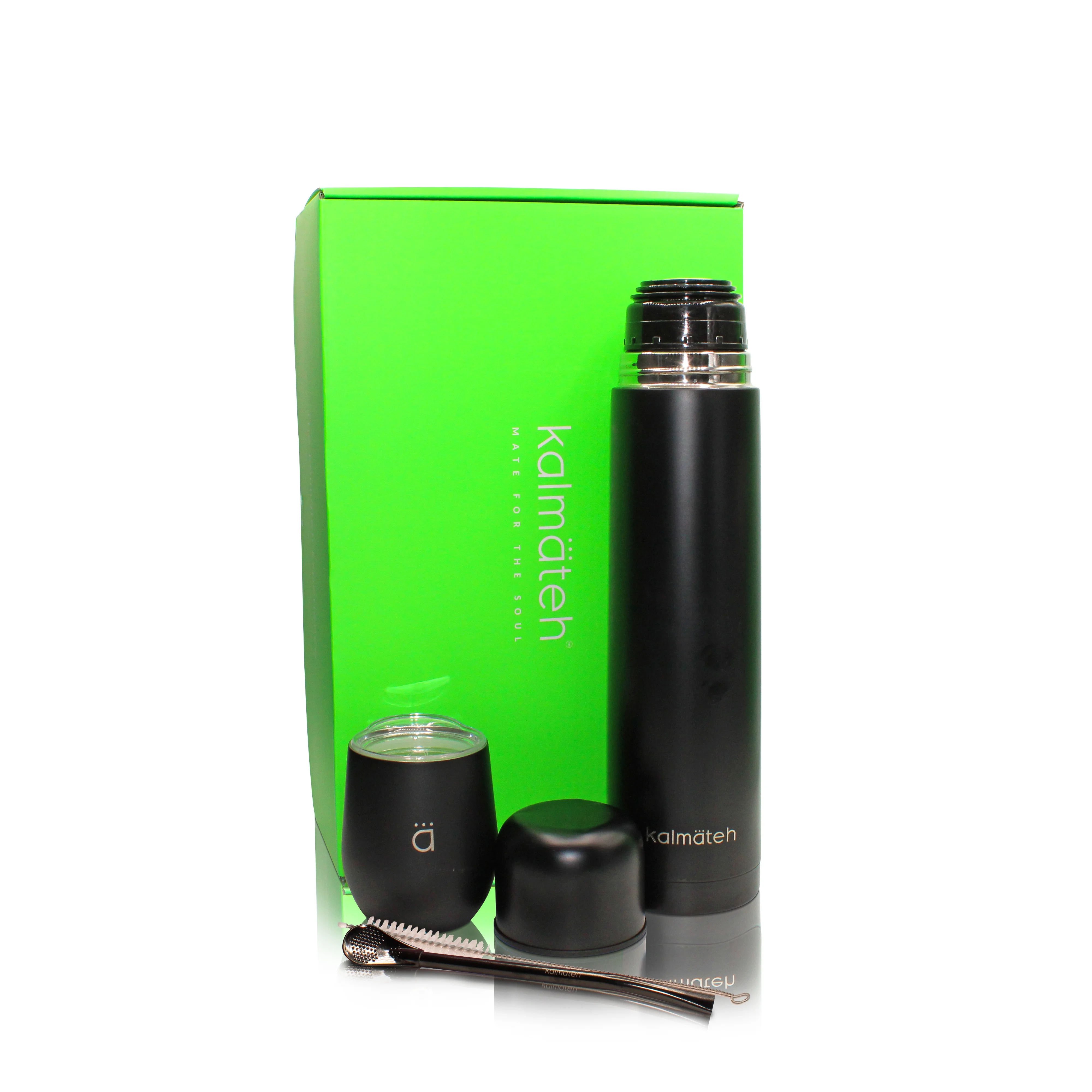 KALMATEH Yerba Mate Set- Includes Yerba Mate Gourd, Vacuum Insulated Thermos 1000ml, Bombilla Straw and Cleaning Brush (Matte Black)