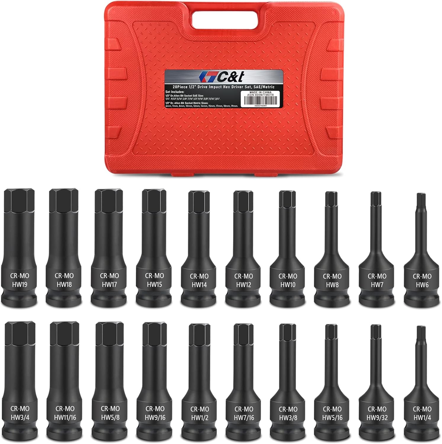 C&T 20 Piece 1/2 Drive Master Impact Hex Driver Set, SAE Metric Hex Head Impact Driver Bit Set 1/4 - 3/4, 6mm - 19mm, Cr-Mo Steel Drive Allen Bit Socket Set with Dual Size Markings and Storage Case