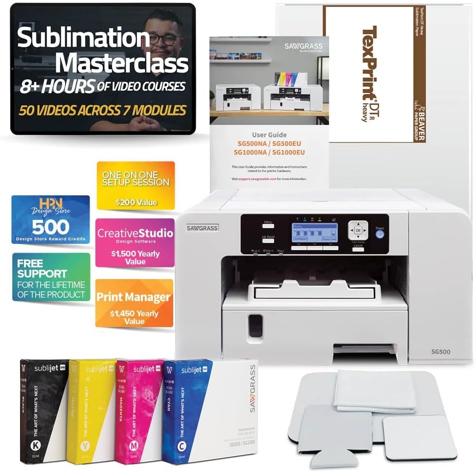 Sawgrass Virtuoso SG500 Complete Sublijet Sublimation Printer Kit with Inks, Paper, Blanks, Designs, and Sublimation Masterclass