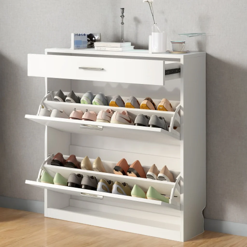 Slim Entryway Organizer with 2 Flip Drawers, Tempered Glass Top Shoe Storage Cabinet with Drawer, Free Standing Shoe Rack with LED Light for Hallway (white)