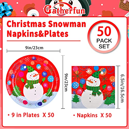 Gatherfun Christmas Party Supplies Christmas Snowman Disposable Paper Dinner Plates and Napkins for party decorations, Serve 50