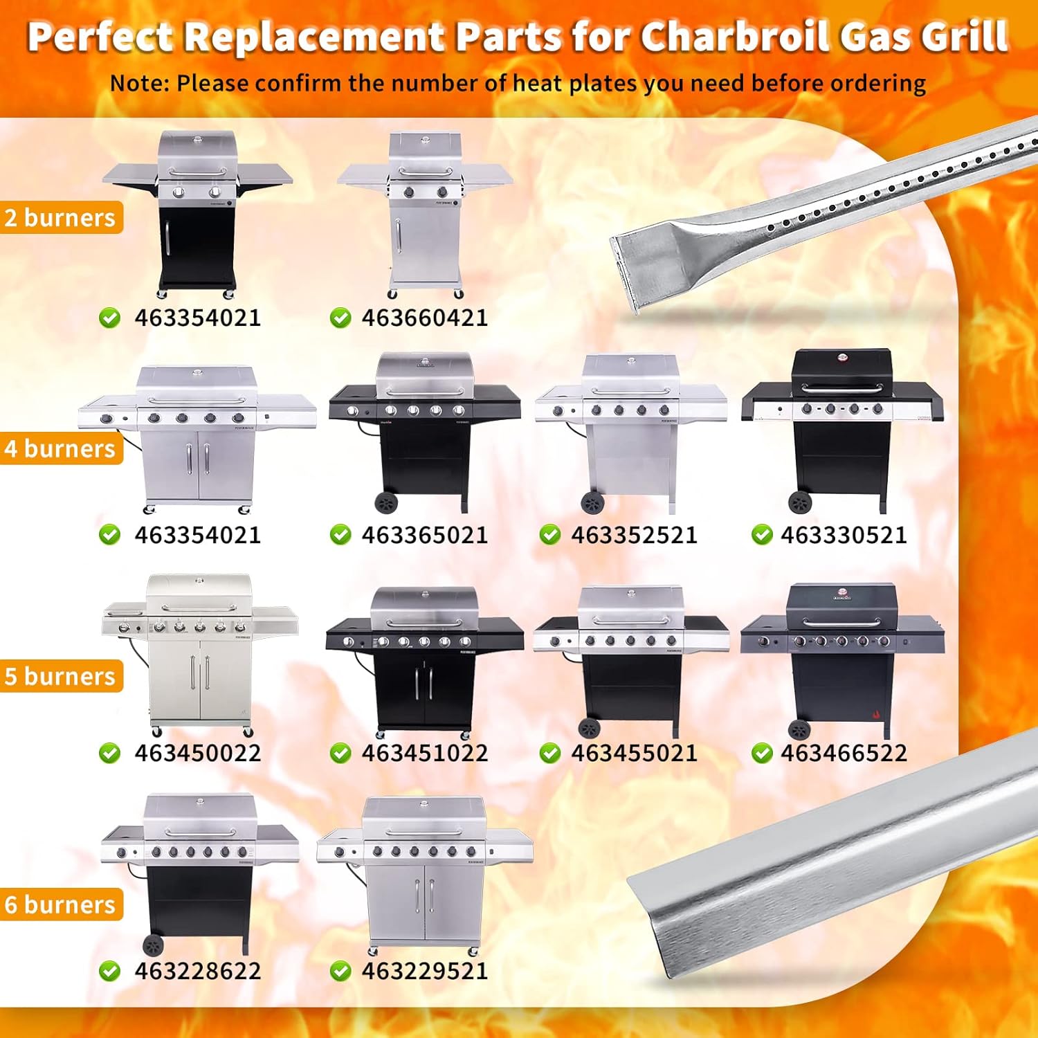 Hisencn Grill Parts for Charbroil Performance 4 Burner Gas Grill 463365021 463365522 463352521, 2 Burner 463630021, Grill Burners G327-2100-W1, Heat Tent G325-0002-W1，Grill Grates G4260005W1