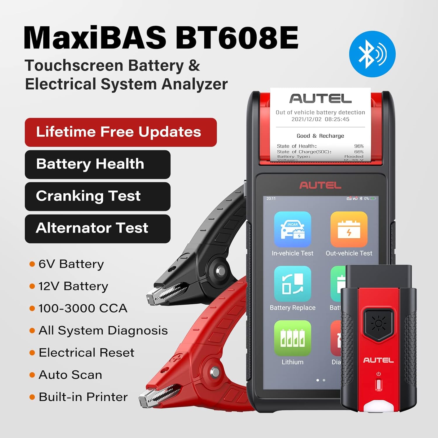 Autel MaxiBAS BT608, Battery Tester 6V &12V Battery Analysis Tool with All System Diagnostic Scan Tool OBD2 Scanner Upgraded from Autel AL539B/BT508/BT506
