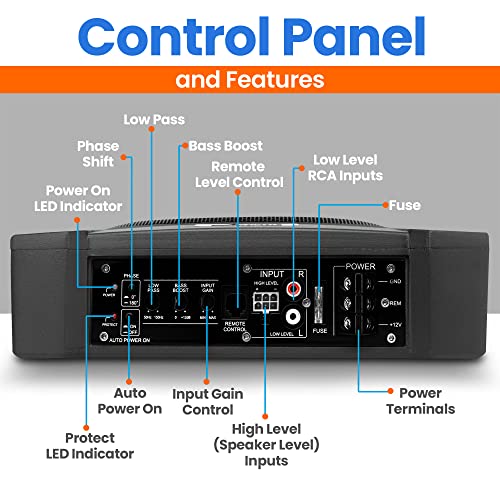 Pyle 10-Inch Low-Profile Amplified Subwoofer System- 900 W Compact Enclosed Underseat Car Audio Subwoofer w Built in Amp