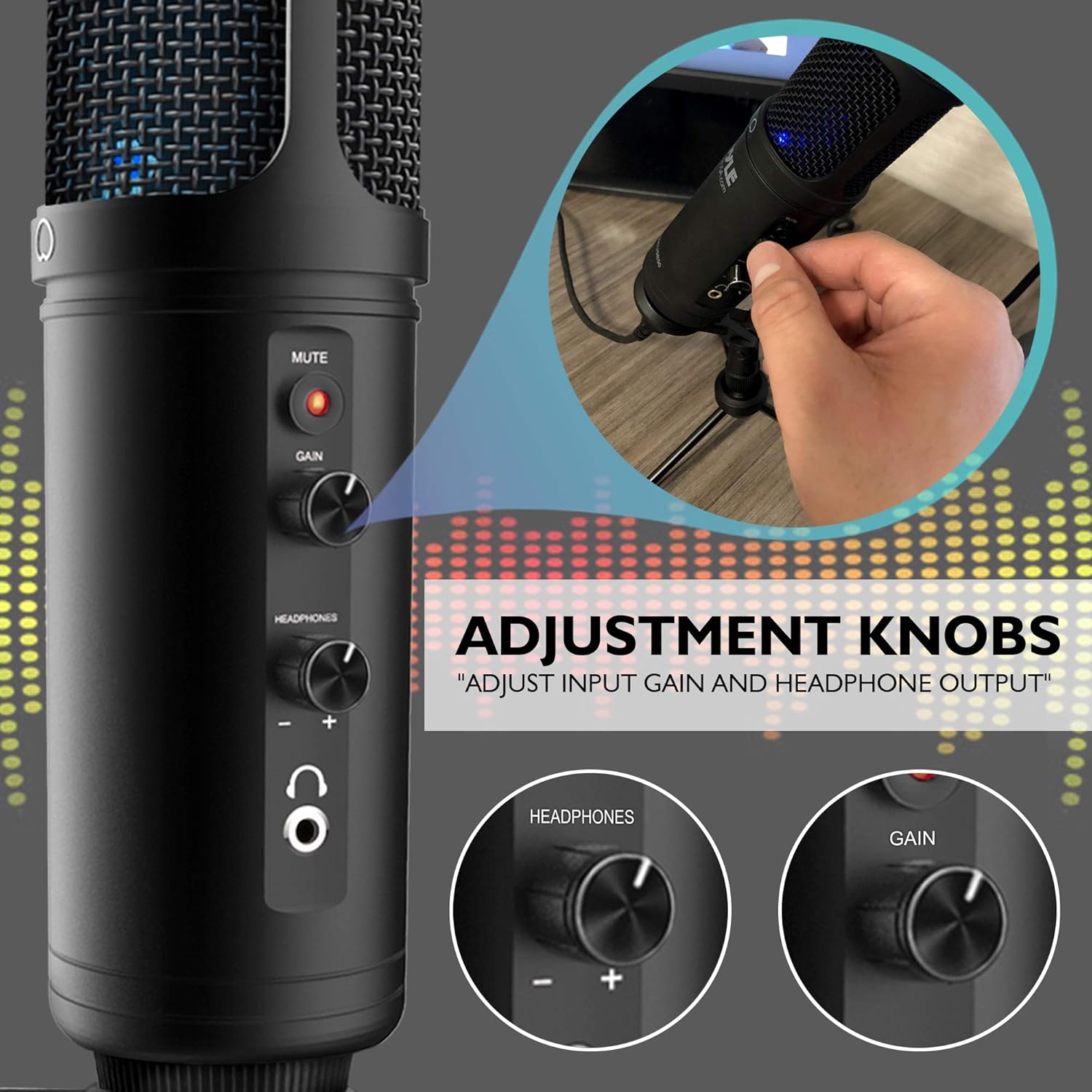 USB PC Recording Condenser Microphone - Blue LED, Adjustable Gain, Headphone Jack, Mute Control, Tripod Stand - Portable Pro Audio Condenser Desk Mic for Podcast Streaming Gaming - Pyle PDMIUSB50 Pack of 2