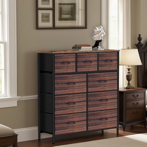 Dresser for Bedroom with 9 Drawers, Chest of Drawers, Storage Drawers Organizer Unit, Black Wide Fabric Dresser with Fabric Bins for Closet, Living Room, Entryway (Charcoal Black)