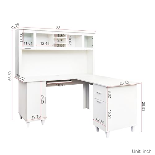 Modern Desk with Storage 2-Tier Open Shelves 1 Drawers and 1 Cabinet, Home Office Computer Desk with Hutch for Office Home Study Bedroom, White