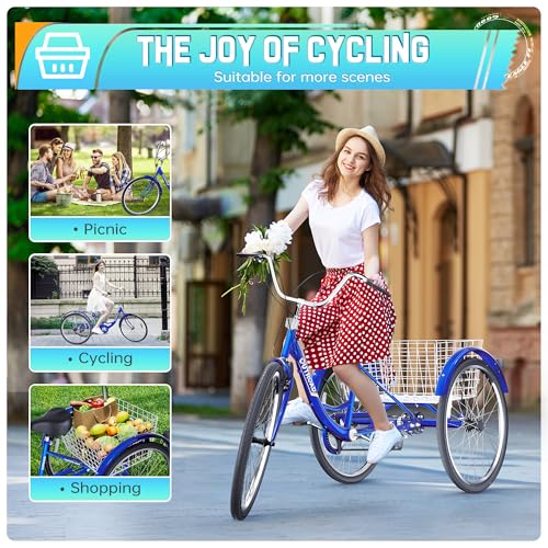Outroad Adult Tricycle, 24/26 inch 7 Speed Cruiser Trike, 3 Wheel Bikes with Large Basket for Seniors, Women, Men, Adult Trikes for Shopping Picnic Outdoor Sports,26 inch Blue