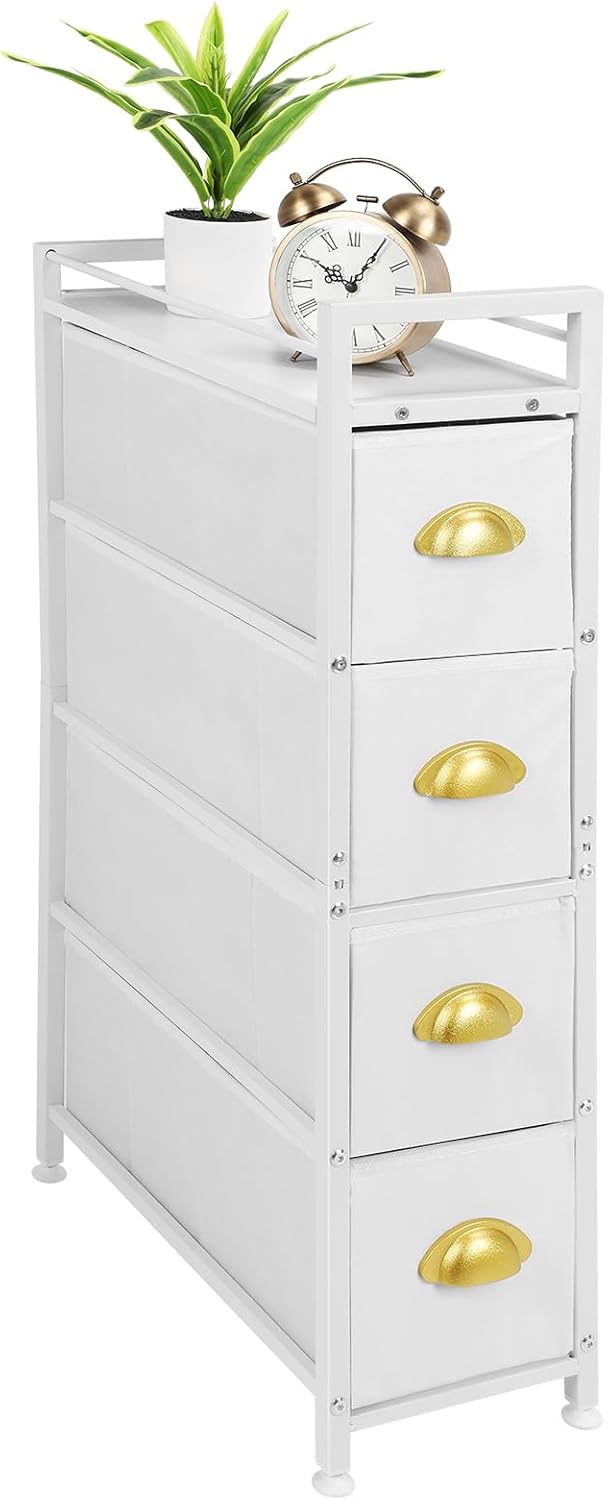 HAITRAL Narrow Dresser - 4 Drawers Fabric Storage Cabinet - Vertical Standing Storage Chest - Gaps Tower Organizer with Removable Drawers and Wooden top for Laundry, Living Room, Entryway (White)