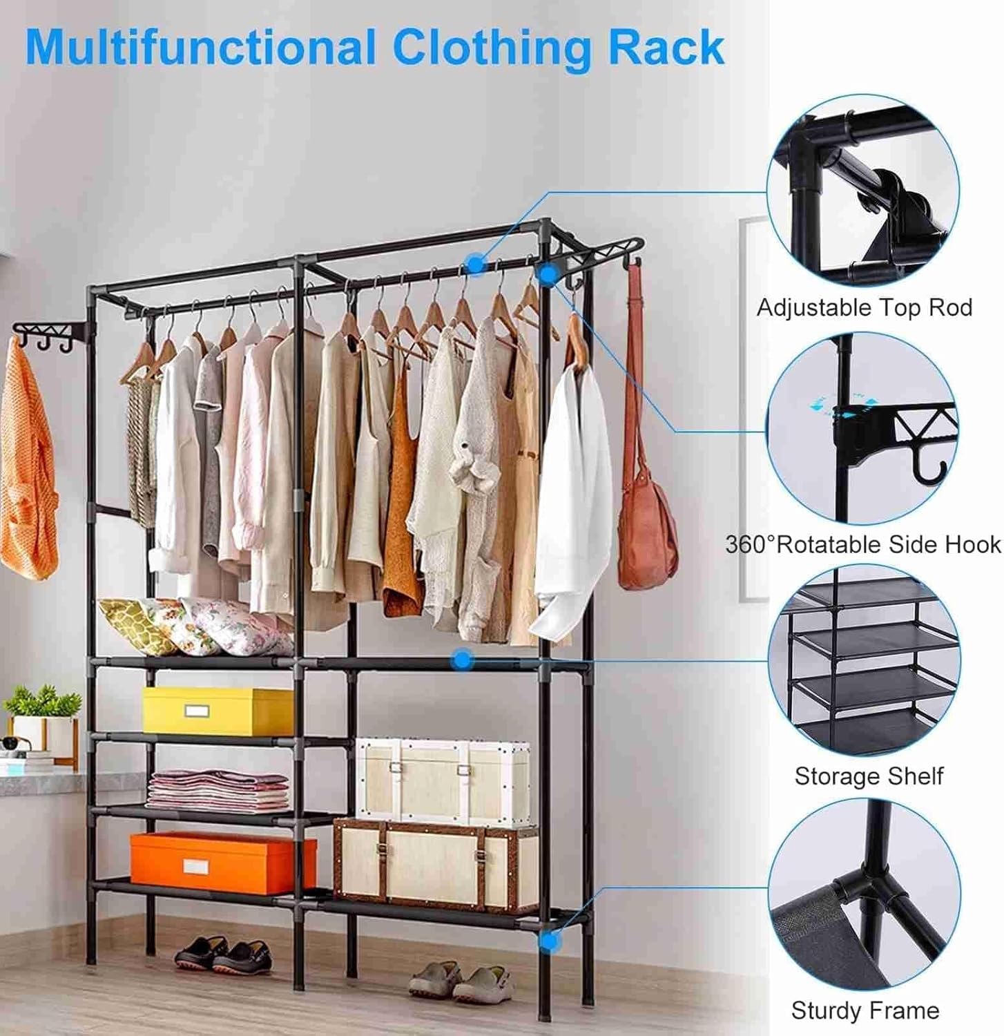 Clothing Rack Clothes Rack, 66'' Multifunctional Garment Rack for Hanging Clothes, 4 Tiers Portable Closet Rack with 4 Hooks & 2 Hanging Rods, Coated Metal Freestanding Closet Wardrobe System