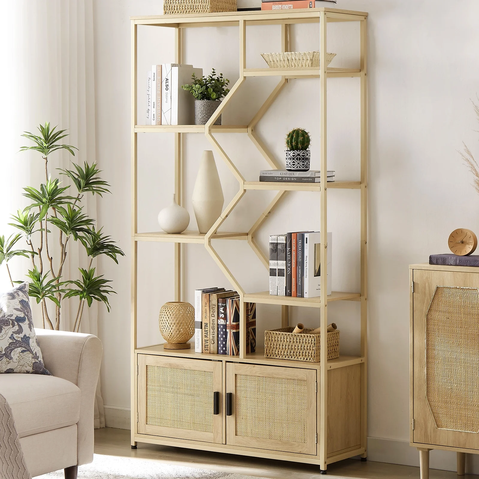 YISUYA Rattan Bookshelf 7 Tiers Bookcases Storage Rack, Rattan Bookshelf with Storage Cabinet, 7 Tiers Bookcases Storage Shelf with Doors, Stylish Bohemian Furniture, for Living Room Home Office