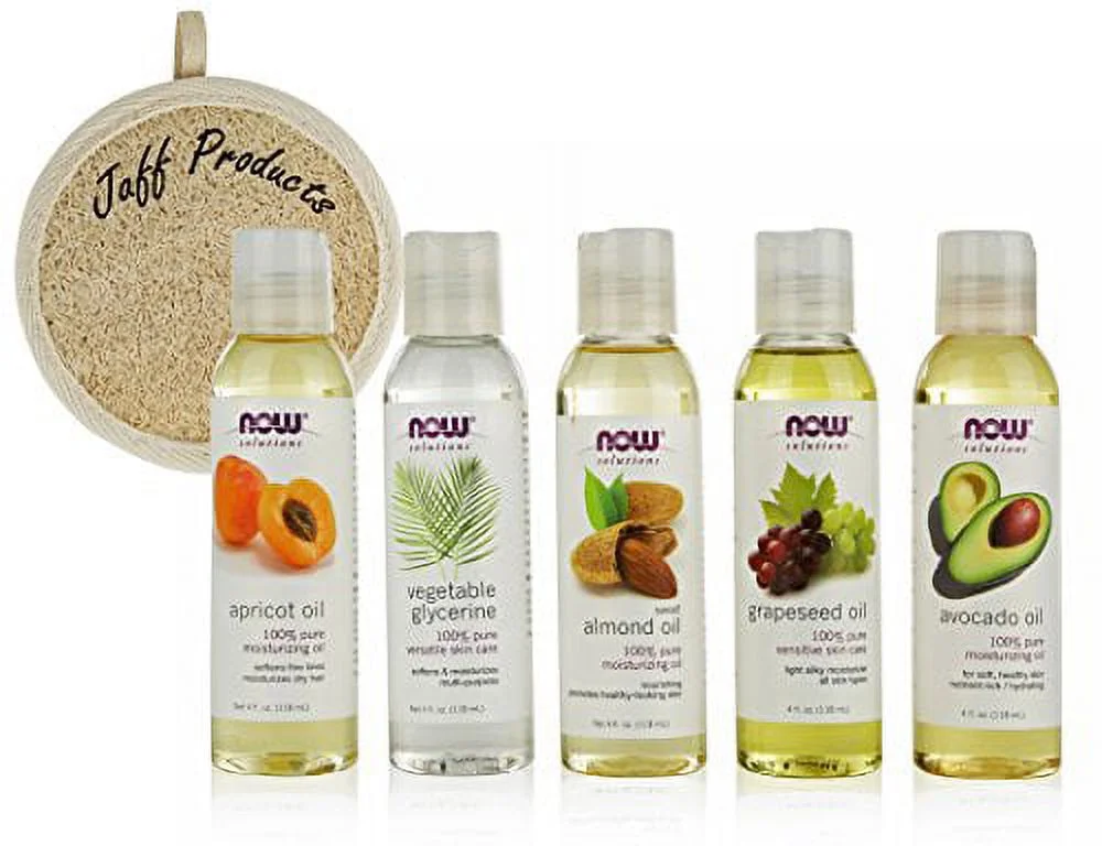 New Now Foods Solutions 5 Pack - Carrier Oil Gift Set: Almond Oil - Grapeseed Oil - Avocado Oil - Apricot Oil - Vegetable Glycerine Oil 100% Natural Moisturizing Massage 4 Oz - Free Loofah Sponge ...