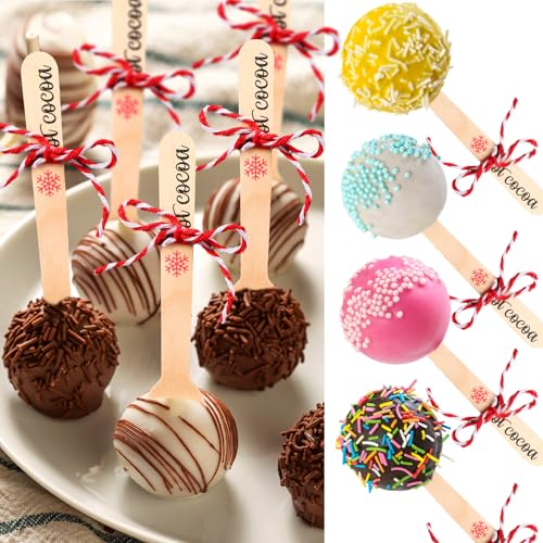 100 Set Christmas Wooden Spoons Hot Cocoa Chocolate Marshmallow Bar Stirring Spoons Chocolate with Tag Bag Rope Gift for Cake Candy Baking (Gingerbread,Delicate)