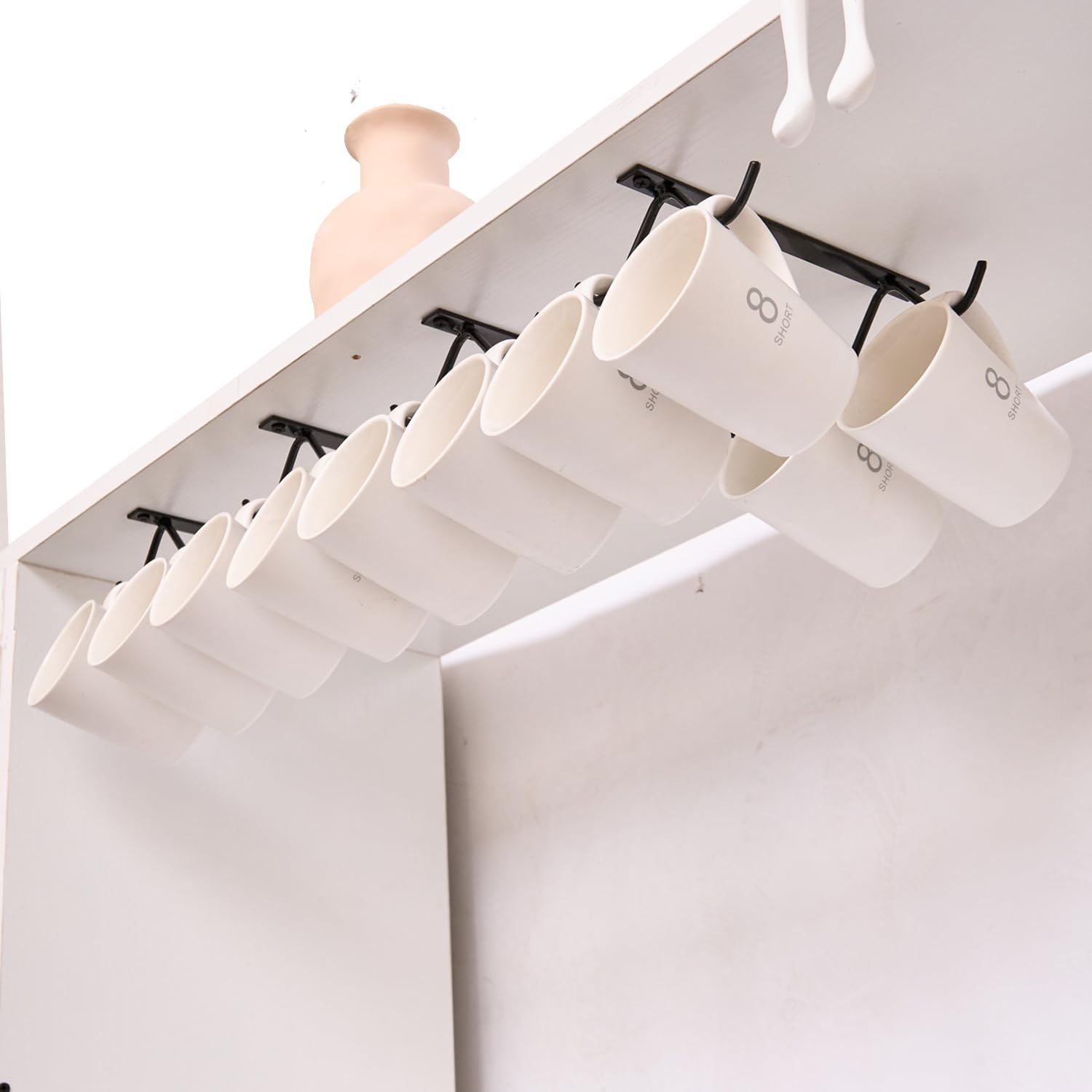 4 Packs Mug Holder Coffee Cups Rack Under Cabinet, 16 Mug Cup Hooks, Hanging Mug Cup Under Shelf, Mugs Organizer for Kitchen Cabinets, Display Coffee Bar Accessories, Bar Mugs Holder Storage Utensil