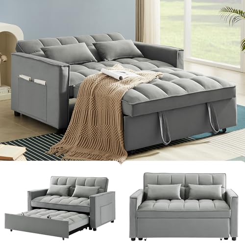 3 in 1 Convertible Sleeper Sofa Bed with Pullout Bed, Small Sofa, Loveseat Futon Sofa with Pillows, Pockets, Adjustable Backrest, Velvet Futon Couch Bed for RV, Living Room, Beige