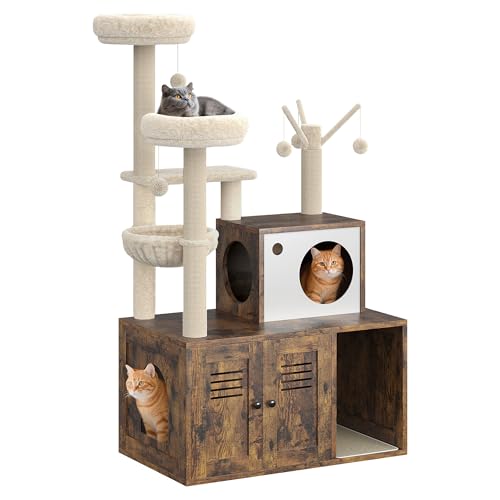 Litter Box Enclosure with Cat Tree Tower and Condo,Hidden Pet Washroom Furniture with Sisal Scratching Post,Hammocks,Condo,Multiple Platform,Soft Plush Perch,Wooden Cat Furniture,Rustic Brown