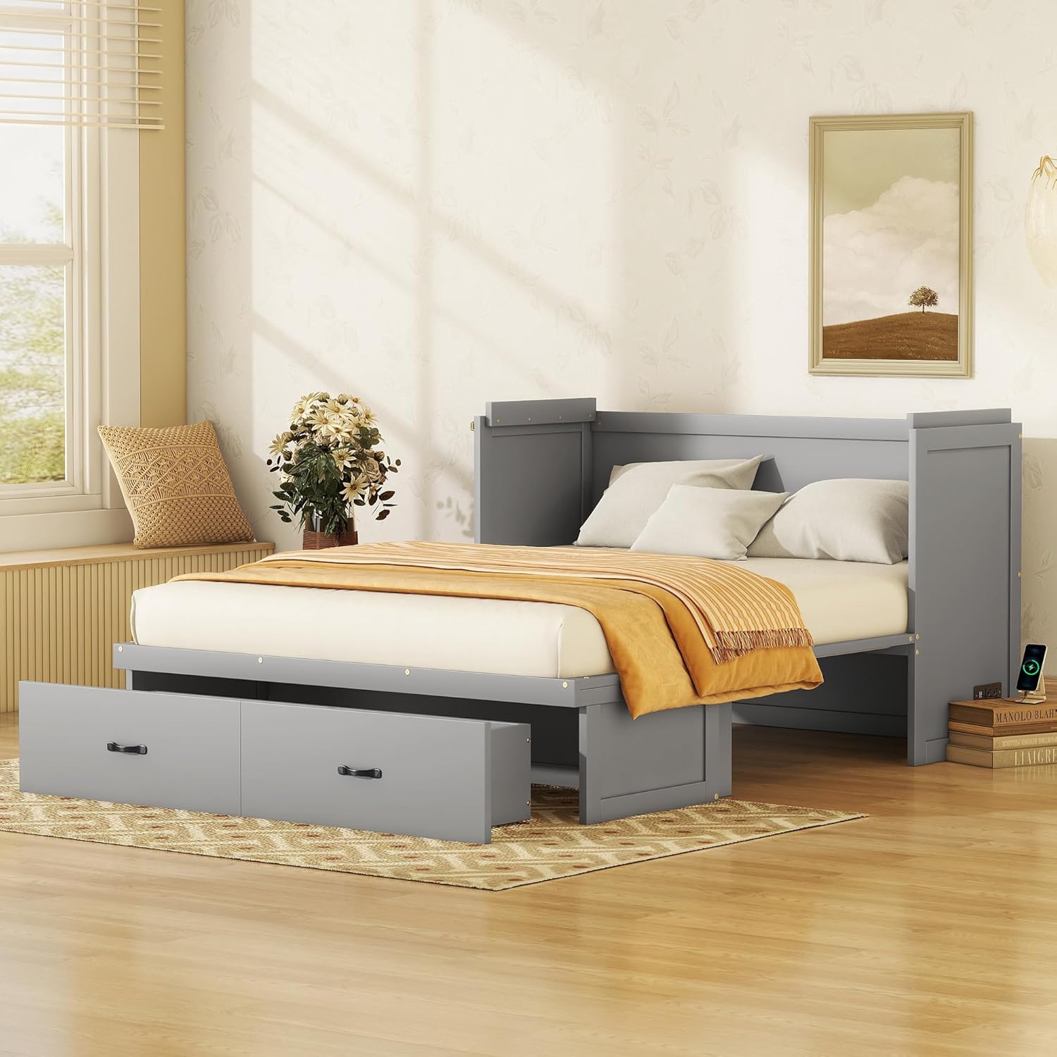 Queen Size Murphy Bed, Classic Cube Bedframe with USB Port & Large Storage Drawer, Space-Saving Design, Wall Bed for Small Space, Apartments, Guest Room, Gray