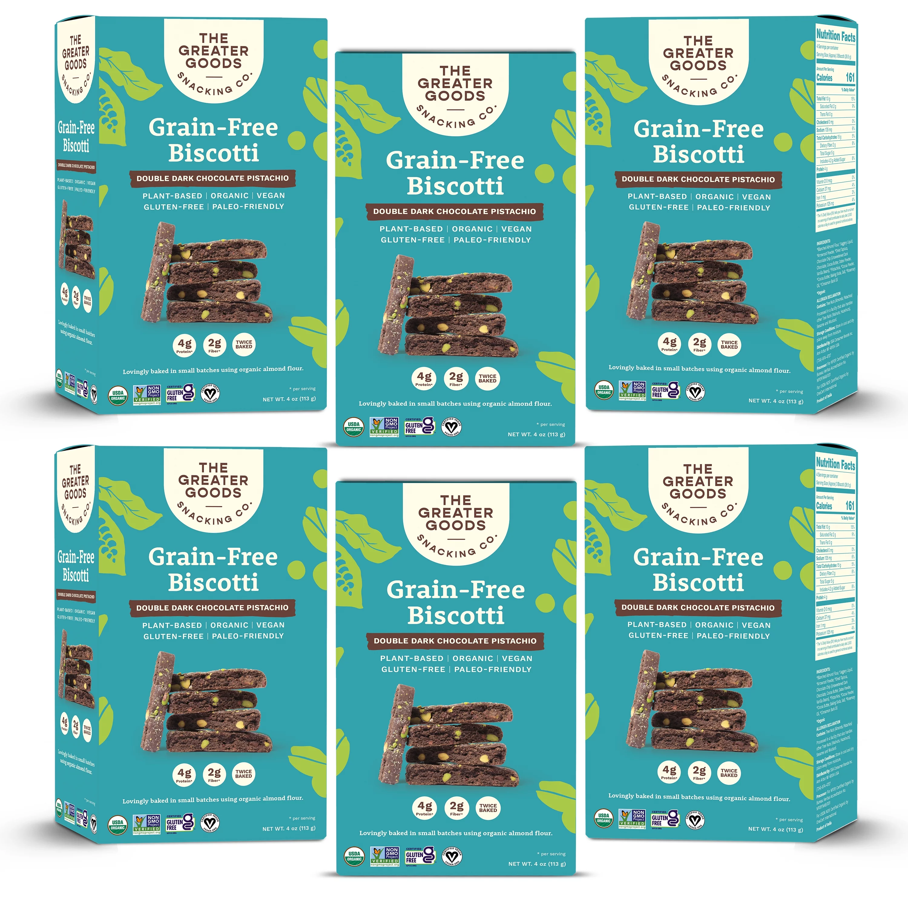 The Greater Goods Snacking Co., Gluten Free Double Dark Chocolate Pistachio Biscotti Cookies, 4oz, 6 Boxes