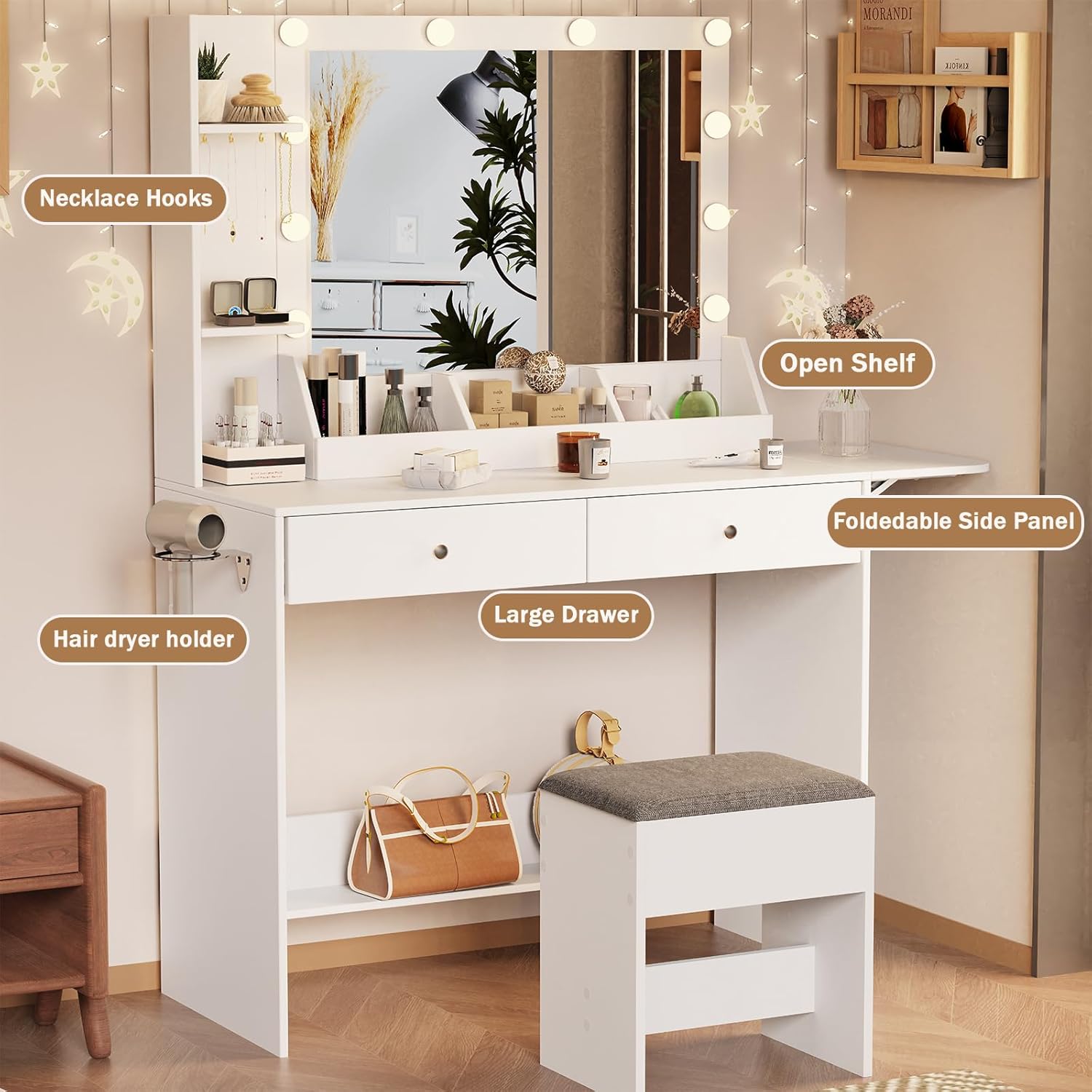 Makeup Vanity Desk with Lights and Charging Station, Small Vanity Desk Set, Makeup Table with 2 Large Drawers & Cushioned Stool, 4 Hooks, for Bedroom, White