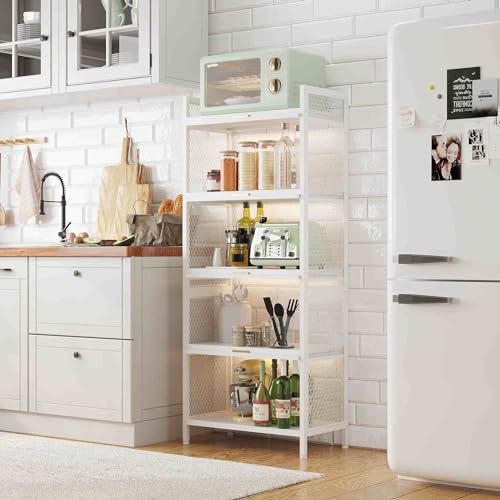 White, 5 Shelf Cabinet,Kitchen Storage Cabinets with Door and Shelves,Kitchen Bread Rack Plastic Storage Unit for Garage, Basement, Attic, Mudroom,Kitchen,Study, Living Room, Bedroom