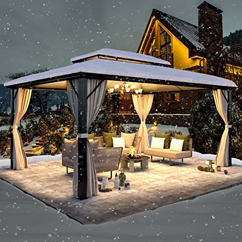 YOLENY 10'x13' Hardtop Gazebo, Outdoor Polycarbonate Double Roof Canopy, Aluminum Frame Permanent Pavilion with Curtains and Netting, Sunshade for Garden, Lawns, Patio