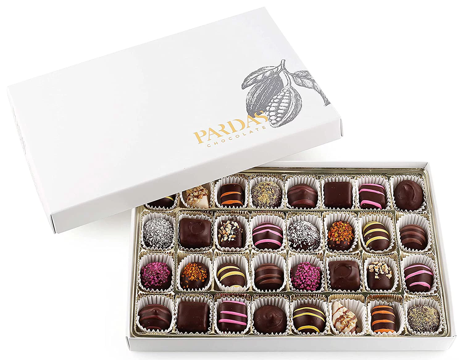 Premium Gourmet Chocolates Gift Box - Handmade Chocolate Truffles Candy in a Luxury Gift Box - Set of Dairy Free Kosher Artisanal Chocolates with 32 Dark Chocolate Covered Assorted Flavors