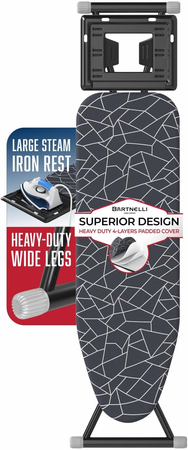 Bartnelli Ironing Board | Ultimate Iron Board Experience with Convenient Iron/Steam Rest | 13x43 Ironing Surface | Reinforced Steel Legs, Adjustable Height, 4-Layer Padding, Patent Folding System