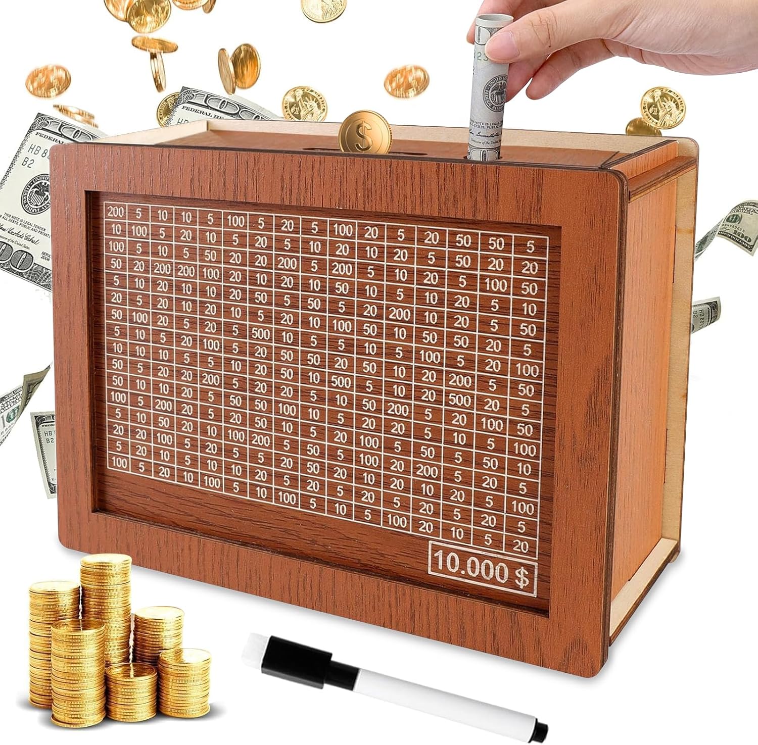 Cash Vault Wooden Savings Box, Wooden Money Box, Money Saving Box, Piggy Bank for Adults, Coin Counter box with Money Target and Numbers, Best Gift for Friends (10000$)